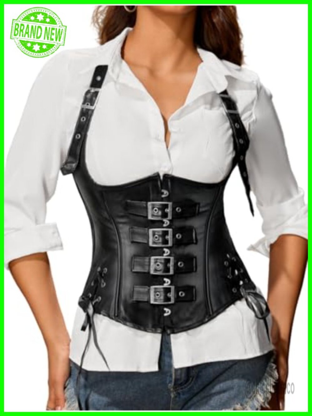 faux leather underbust corset with halter straps lace-up waist cincher